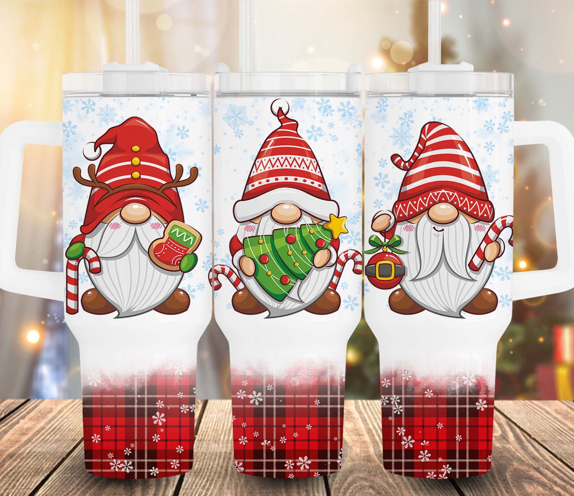 Festive Gnome Christmas Tumblers - Set of 3 Insulated Holiday Mugs with Handles