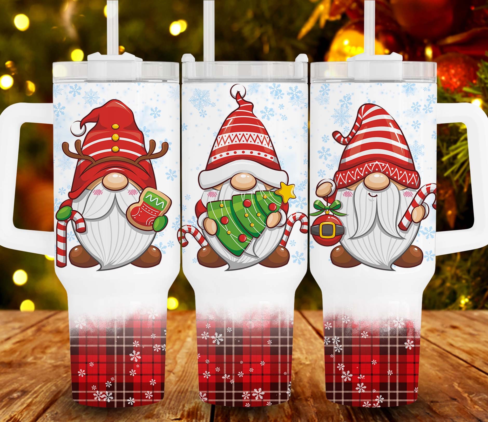 Festive Gnome Christmas Tumblers - Set of 3 Insulated Holiday Mugs with Handles - Image 2