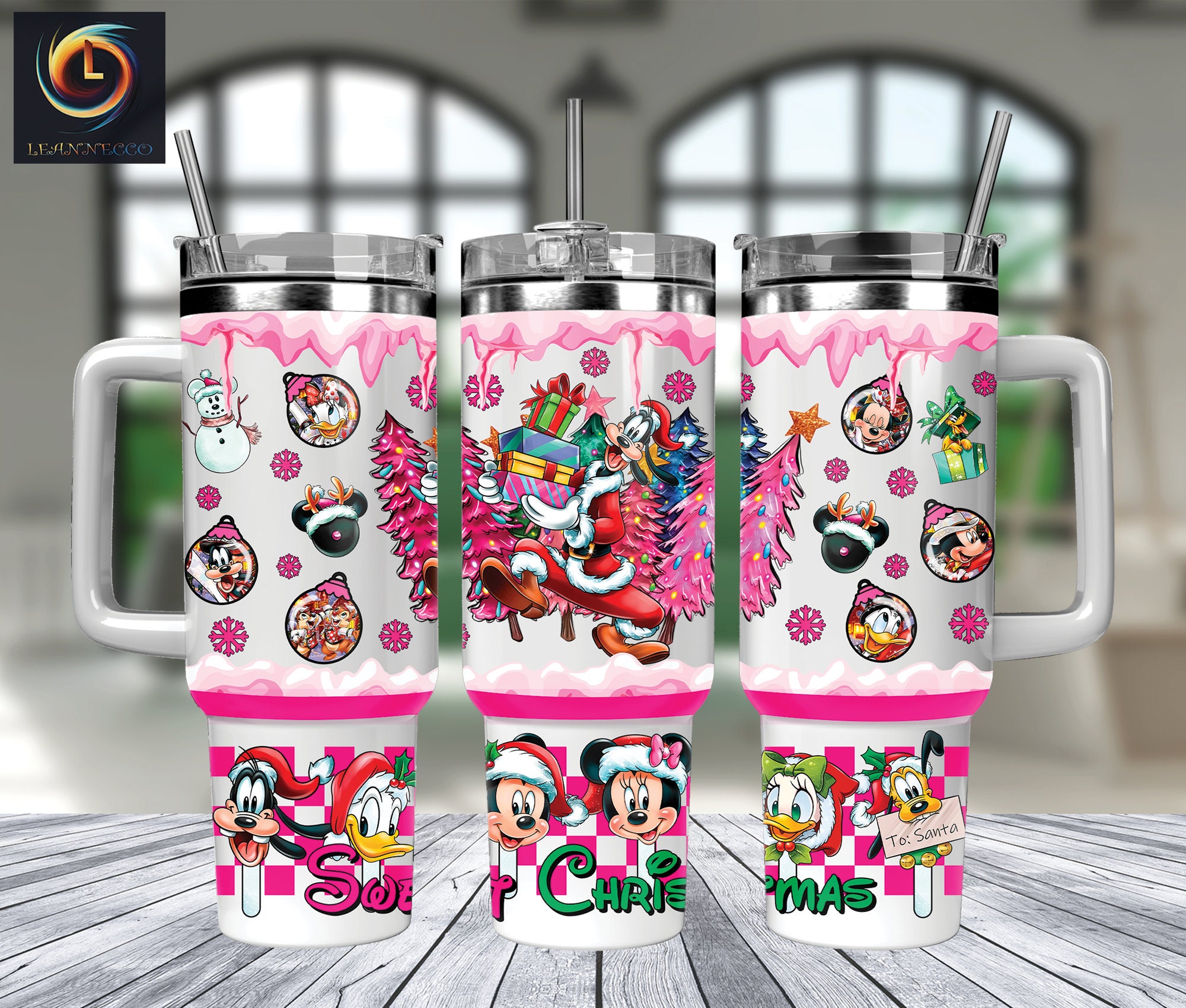 Festive Cartoon Christmas Tumbler Set with Handle & Straw - Holiday Gift