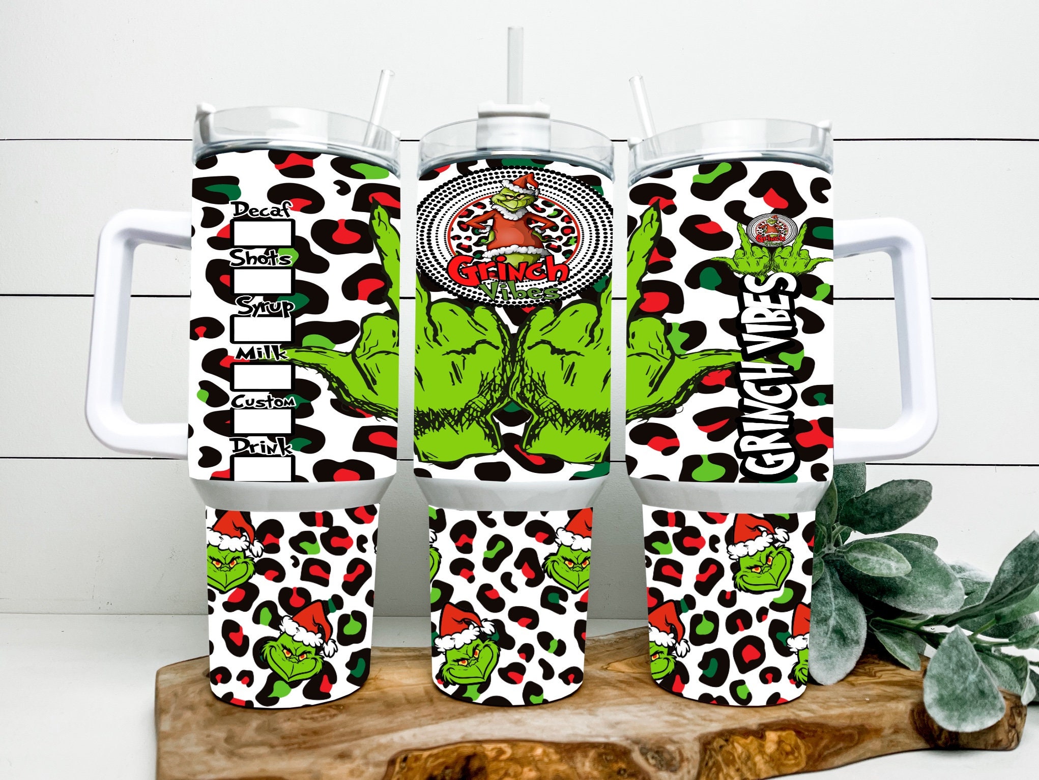Festive Grinch Vibes Tumbler with Handle - Holiday Leopard Print Design