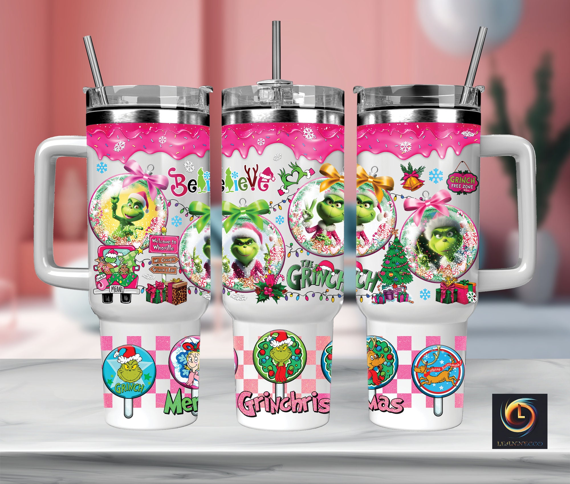 Festive Grinch Christmas Tumbler with Straw - Holiday Cheer on the Go