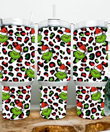 Festive Grinch Leopard Print Tumbler with Handle - Holiday Cheer On-the-Go