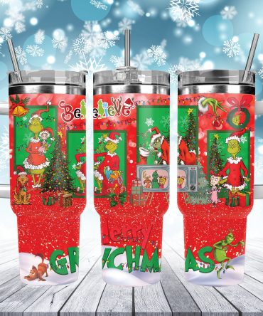Festive Holiday Grinch Themed Insulated Tumbler with Lid & Straw - 40oz