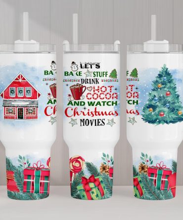 Festive Christmas Tumbler with Straw - Holiday Hot Cocoa & Movie Mug