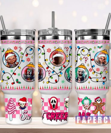 Festive Horror Character Tumbler - Christmas Travel Mug with Handle & Straw