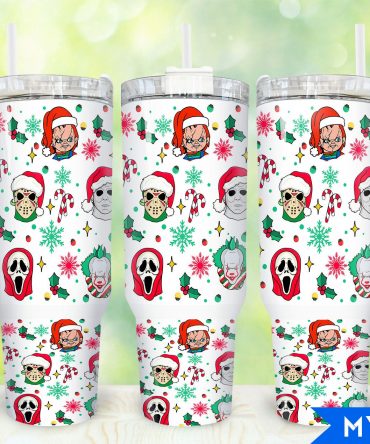 Festive Horror Holiday Tumbler with Handle - 40oz Insulated Cup