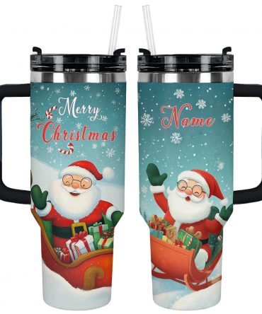 Christmas Jolly Santa Sleigh Ride Custom Stanley Quencher 40oz Stainless Steel Tumbler With Handle