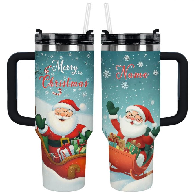 Christmas Jolly Santa Sleigh Ride Custom Stanley Quencher 40oz Stainless Steel Tumbler With Handle