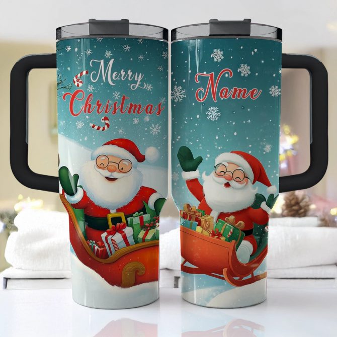 Christmas Jolly Santa Sleigh Ride Custom Stanley Quencher 40oz Stainless Steel Tumbler With Handle - Image 2
