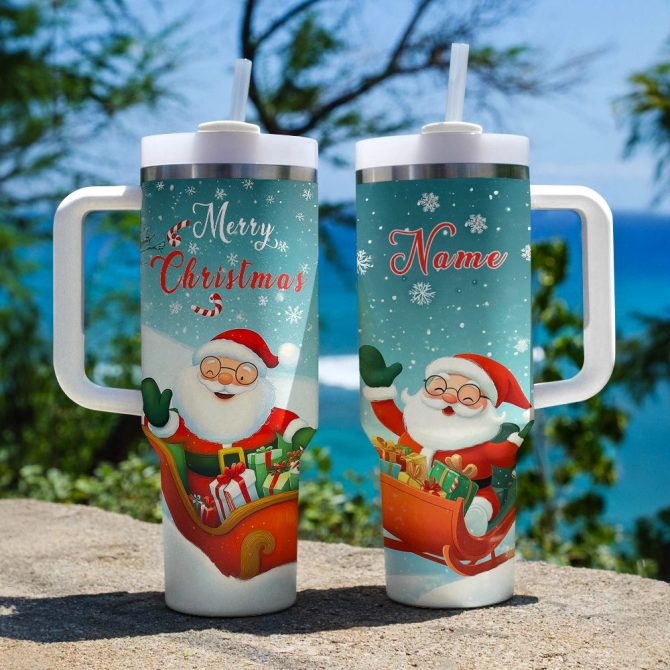 Christmas Jolly Santa Sleigh Ride Custom Stanley Quencher 40oz Stainless Steel Tumbler With Handle - Image 3