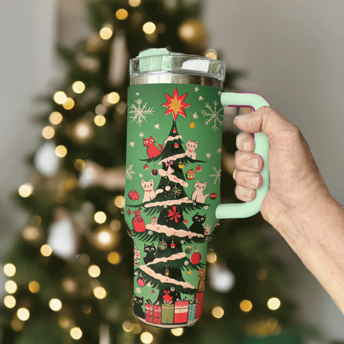 Christmas Kitty Tree Custom Stanley Quencher 40oz Stainless Steel Tumbler With Handle - Image 2