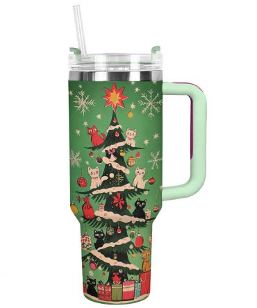 Christmas Kitty Tree Custom Stanley Quencher 40oz Stainless Steel Tumbler With Handle