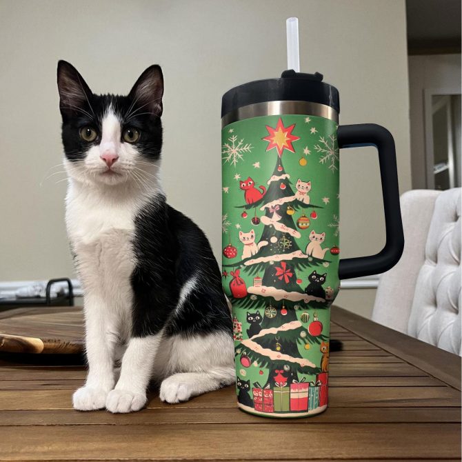 Christmas Kitty Tree Custom Stanley Quencher 40oz Stainless Steel Tumbler With Handle - Image 3