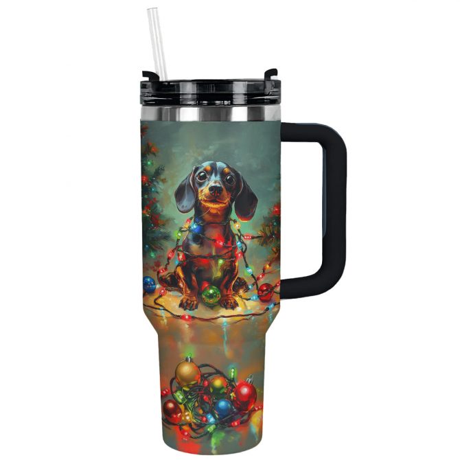 Christmas Lights Dachshund Custom Stanley Quencher 40oz Stainless Steel Tumbler With Handle