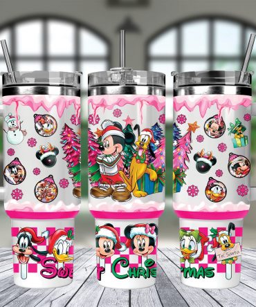 Festive Cartoon Characters Christmas Tumbler with Straw and Handle