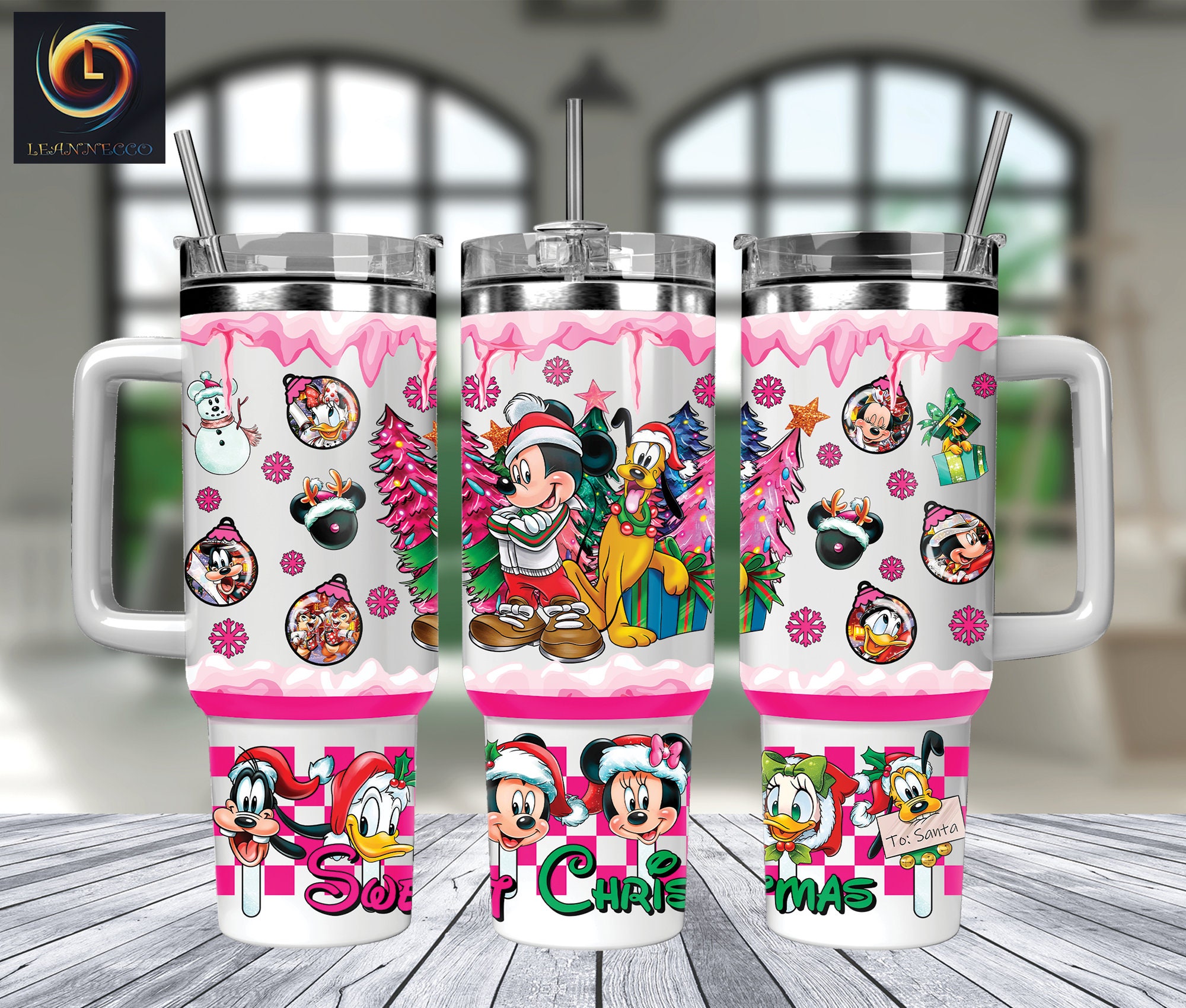 Festive Cartoon Characters Christmas Tumbler with Straw and Handle