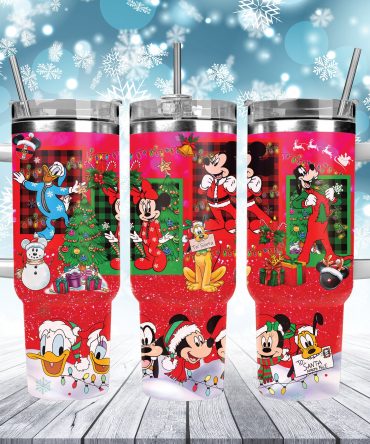 Festive Disney Character Christmas Tumbler - Insulated Mug with Handle & Straw