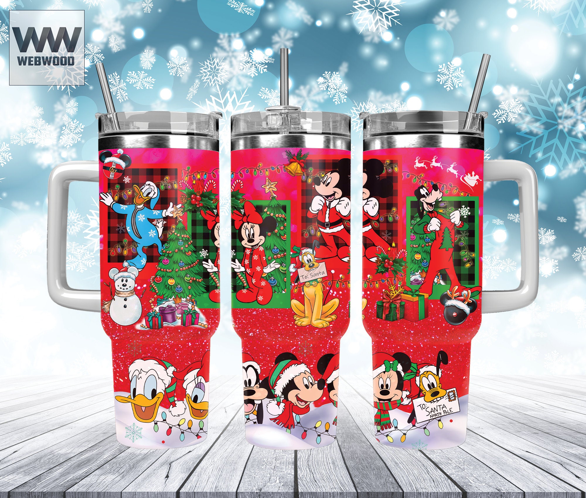 Festive Disney Character Christmas Tumbler - Insulated Mug with Handle & Straw