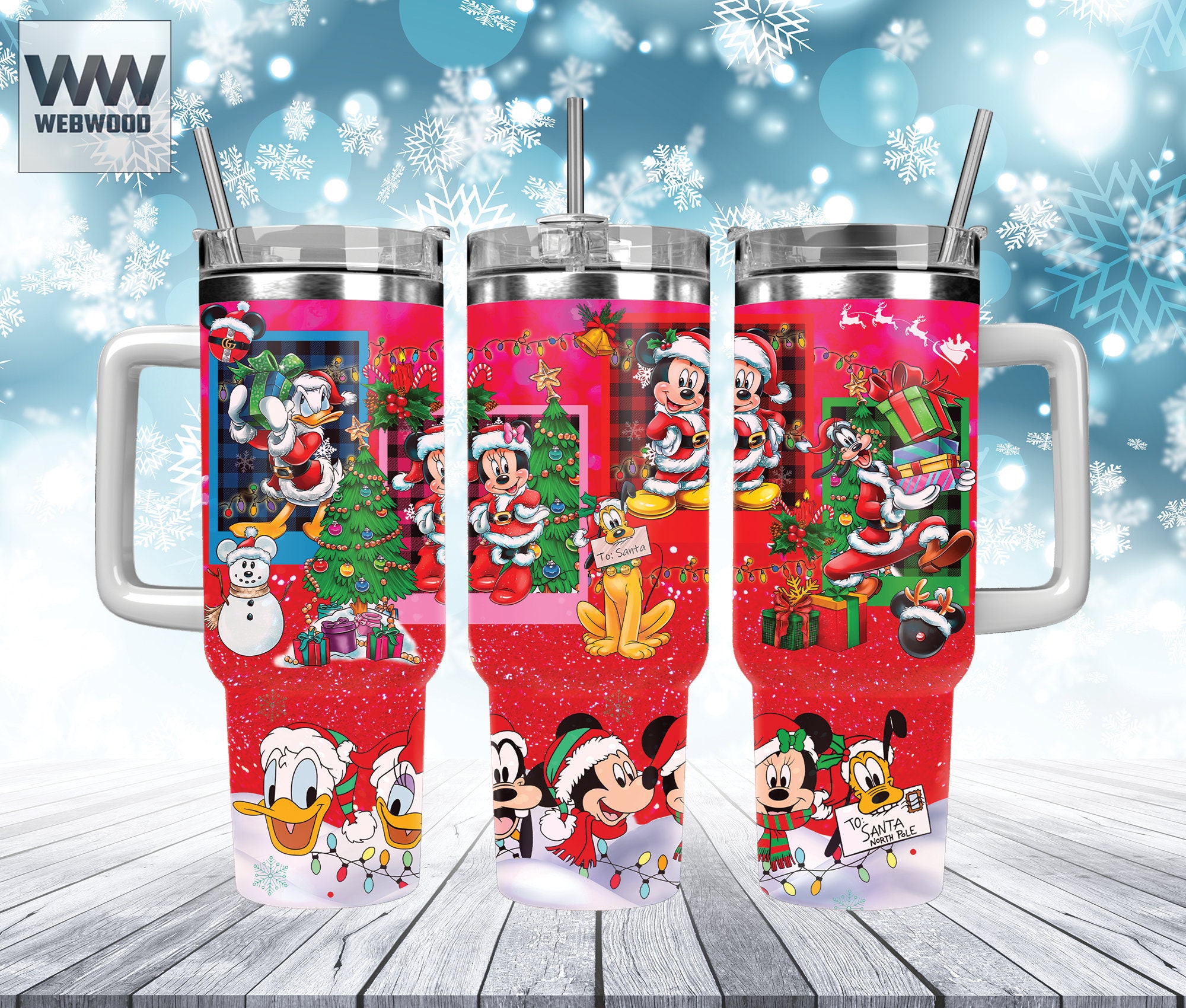 Festive Holiday Cartoon Characters Christmas Tumbler with Straw