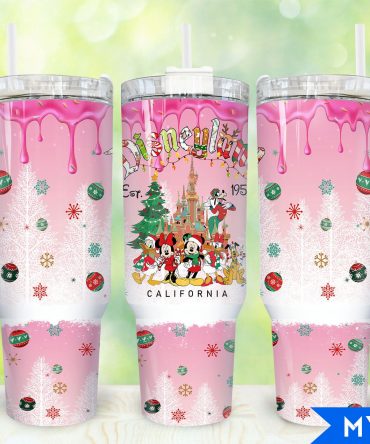 Festive Pink Disney Holiday Tumbler with Handle - Mickey & Friends
