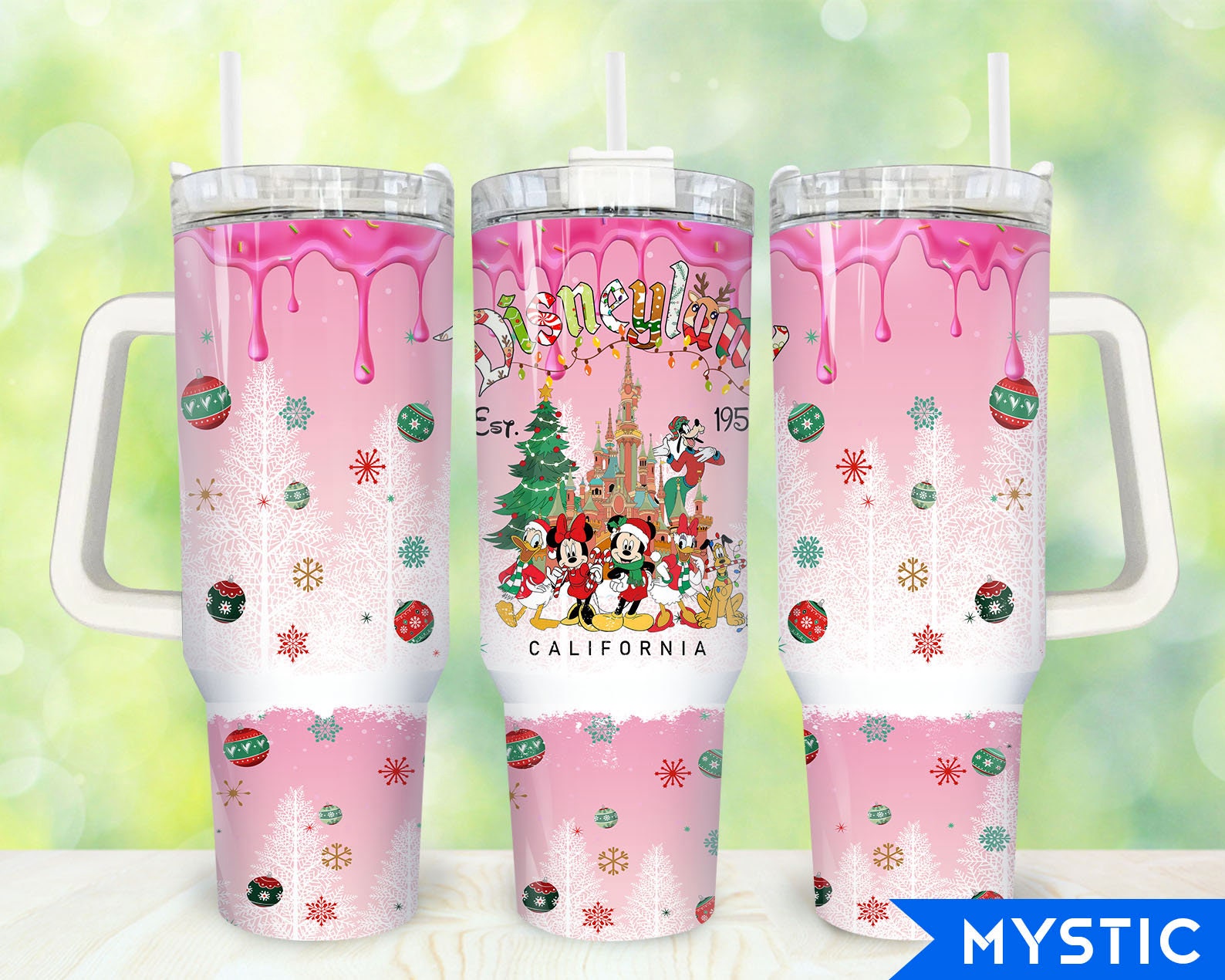 Festive Pink Disney Holiday Tumbler with Handle - Mickey & Friends