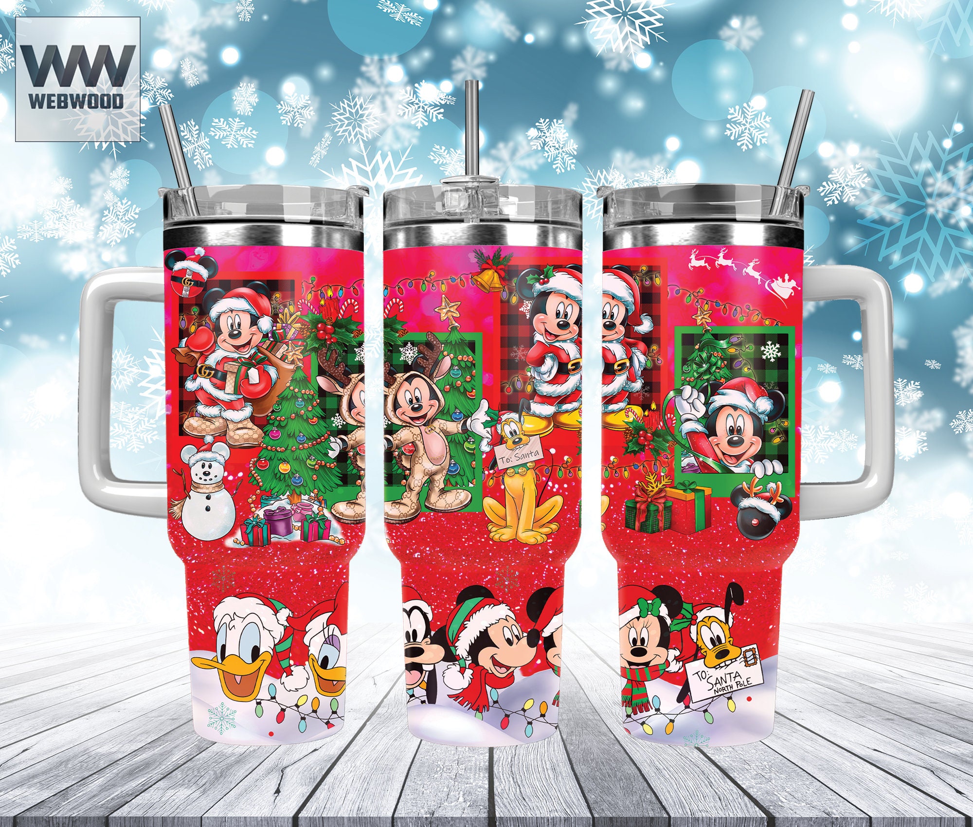 Festive Cartoon Characters Christmas Mug with Straw - Holiday Cheer On-the-Go