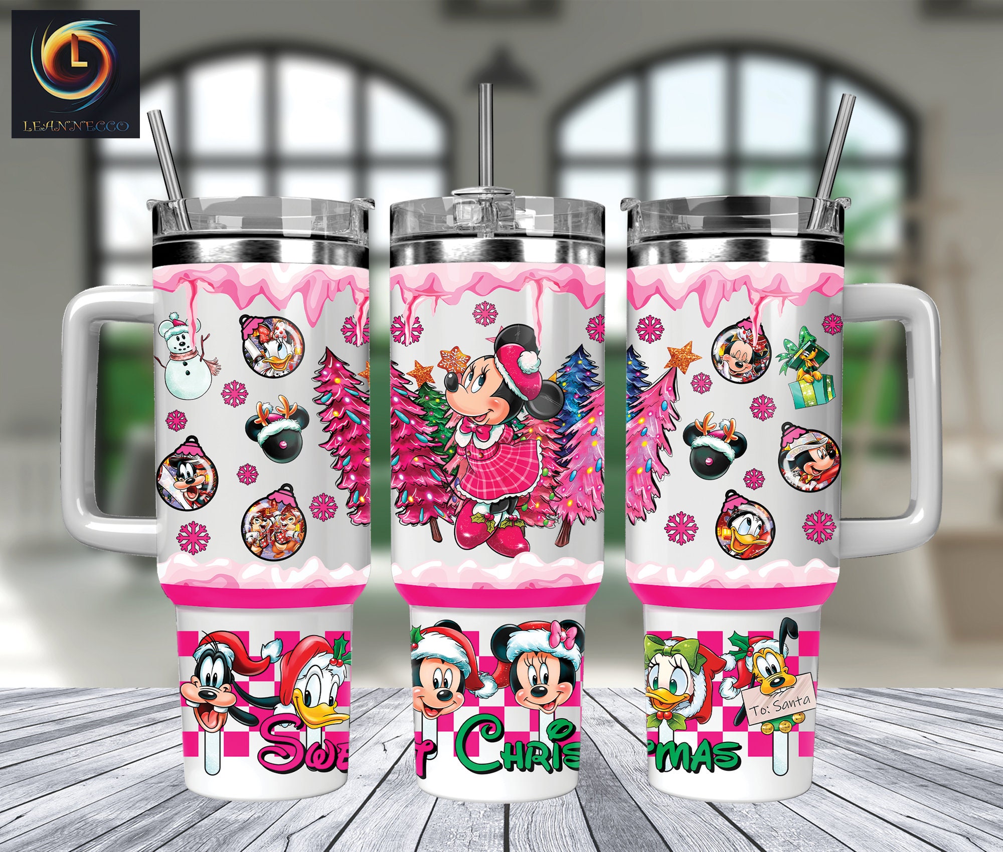 Festive Cartoon Character Christmas Tumbler with Straw & Handle - Holiday Drinkware