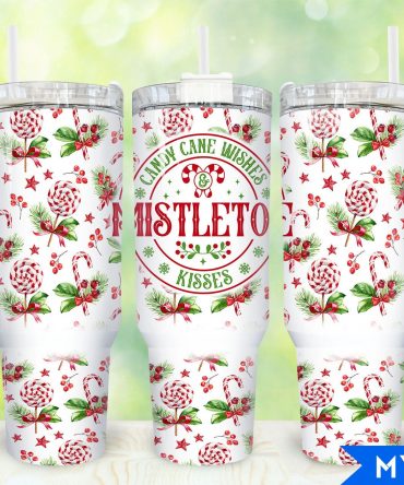 Festive Mistletoe Tumbler with Straw - Candy Cane Wishes Design