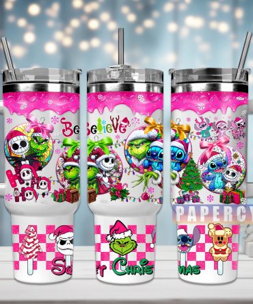 Festive Holiday Tumbler with Straw - Cute Christmas Characters, Bright Colors