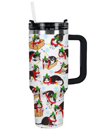 Christmas Naughty Tuxedo Cat Custom Stanley Quencher 40oz Stainless Steel Tumbler With Handle
