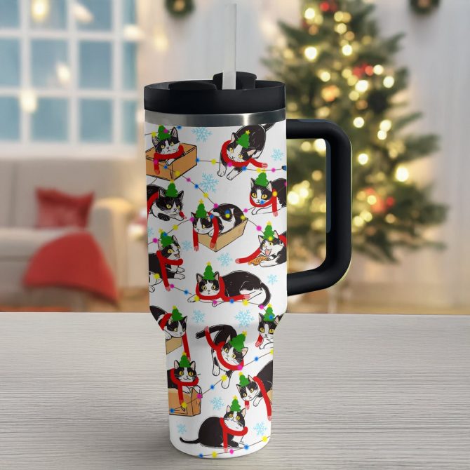 Christmas Naughty Tuxedo Cat Custom Stanley Quencher 40oz Stainless Steel Tumbler With Handle - Image 3