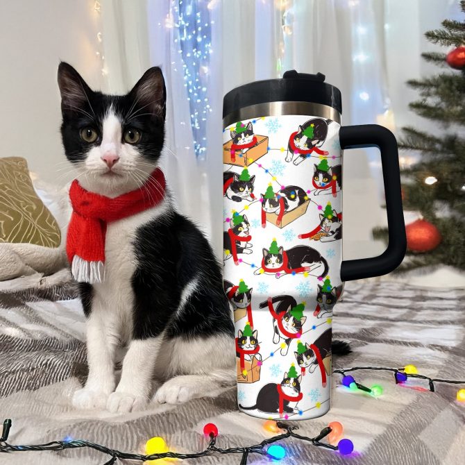 Christmas Naughty Tuxedo Cat Custom Stanley Quencher 40oz Stainless Steel Tumbler With Handle - Image 2