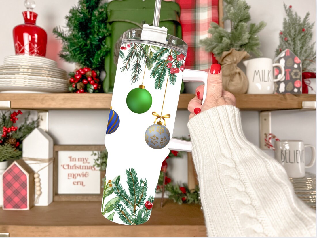 Festive Holiday Ornament Tumbler with Straw - Insulated Christmas Travel Mug - Image 2