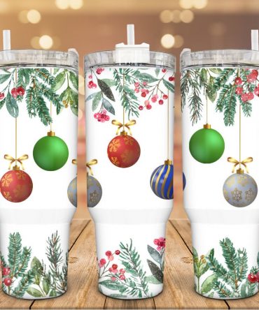 Festive Holiday Ornament Tumbler with Straw - Insulated Christmas Travel Mug