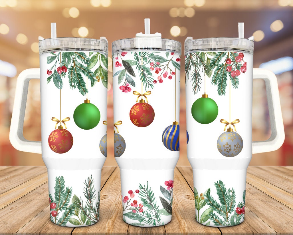 Festive Holiday Ornament Tumbler with Straw - Insulated Christmas Travel Mug