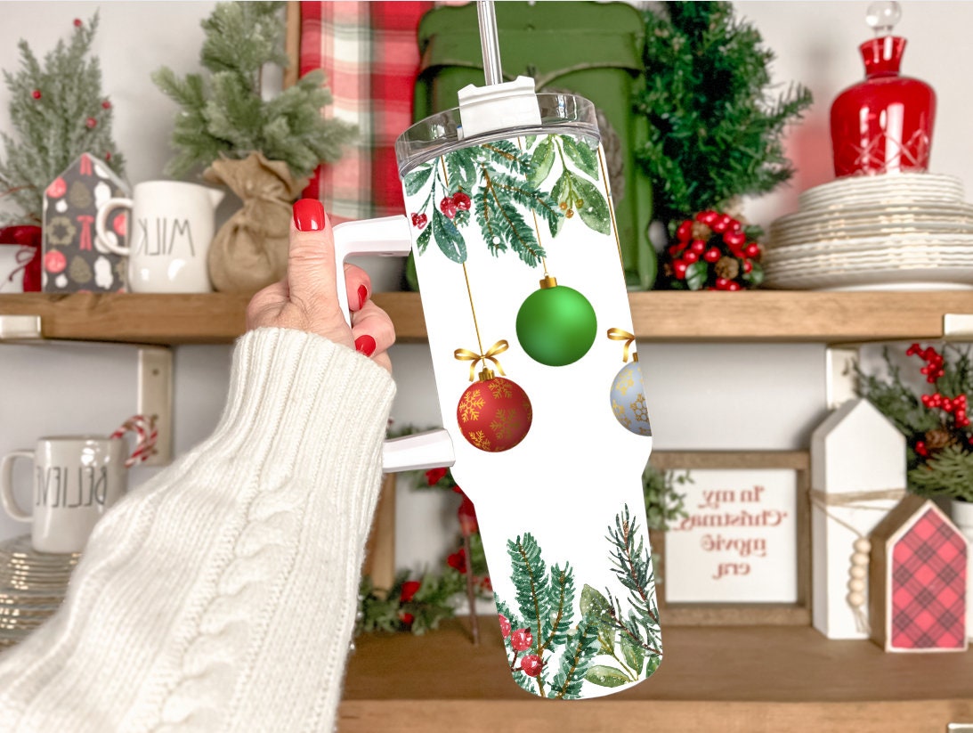 Festive Holiday Ornament Tumbler with Straw - Insulated Christmas Travel Mug - Image 3
