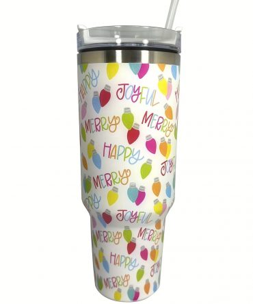 Festive Holiday Tumbler - Joyful, Merry, Happy Design - 40oz Insulated Cup
