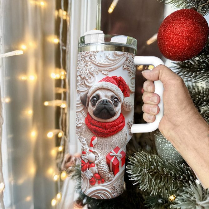 Christmas Puggy Custom Stanley Quencher 40oz Stainless Steel Tumbler With Handle - Image 3