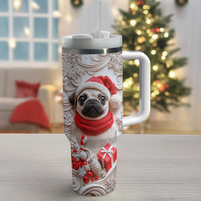 Christmas Puggy Custom Stanley Quencher 40oz Stainless Steel Tumbler With Handle - Image 2