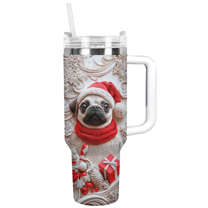 Christmas Puggy Custom Stanley Quencher 40oz Stainless Steel Tumbler With Handle