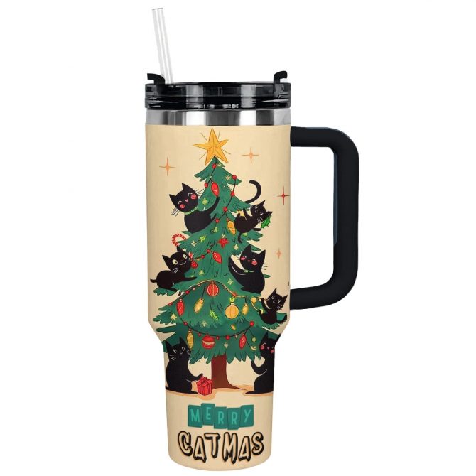Christmas Purrfect Merry Catmas Custom Stanley Quencher 40oz Stainless Steel Tumbler With Handle