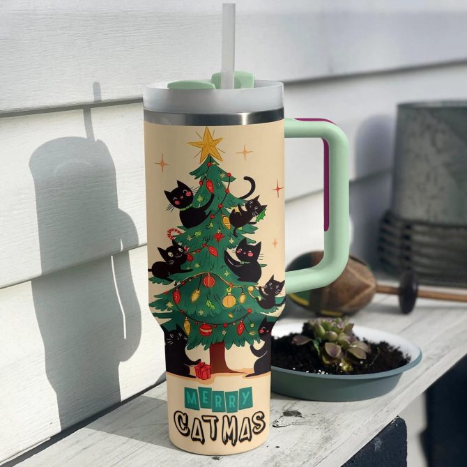 Christmas Purrfect Merry Catmas Custom Stanley Quencher 40oz Stainless Steel Tumbler With Handle - Image 3