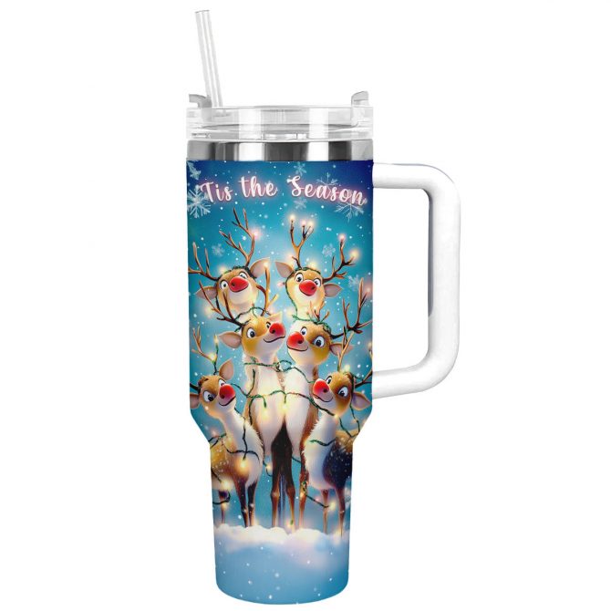 Christmas Reindeer Cheer Custom Stanley Quencher 40oz Stainless Steel Tumbler With Handle
