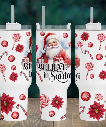 Festive 'Believe in Santa' Tumbler Mug with Candy Cane & Poinsettia Design