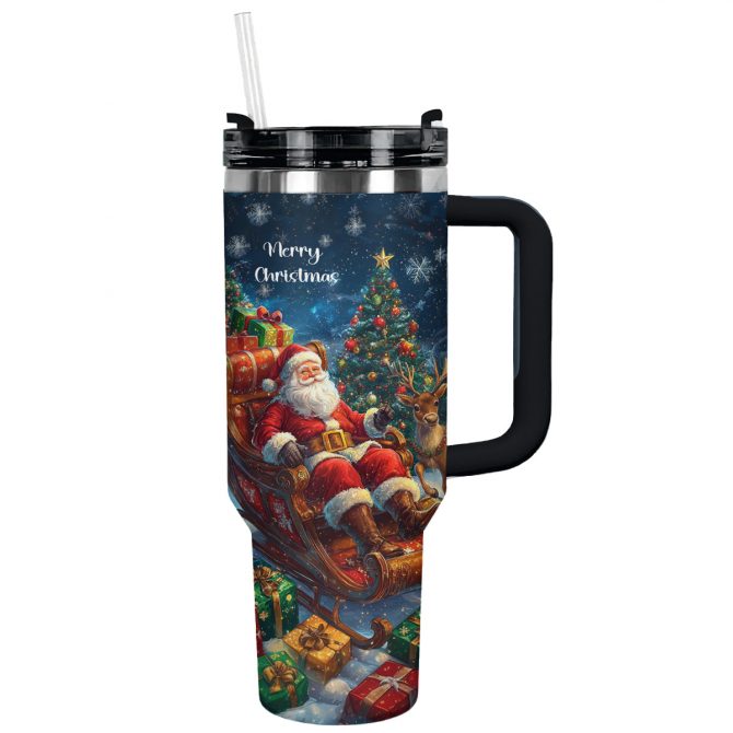 Christmas Santa‚Äôs Sleigh Custom Stanley Quencher 40oz Stainless Steel Tumbler With Handle