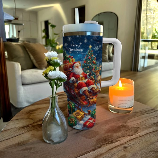 Christmas Santa‚Äôs Sleigh Custom Stanley Quencher 40oz Stainless Steel Tumbler With Handle - Image 3