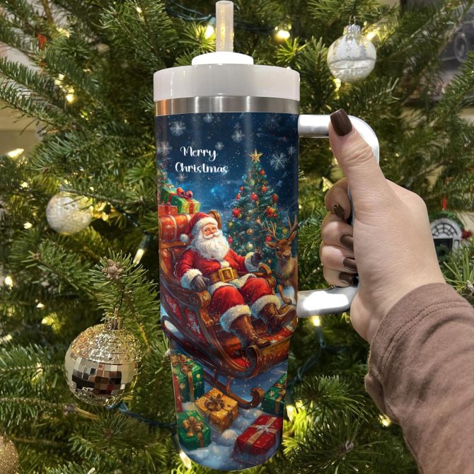 Christmas Santa‚Äôs Sleigh Custom Stanley Quencher 40oz Stainless Steel Tumbler With Handle - Image 2