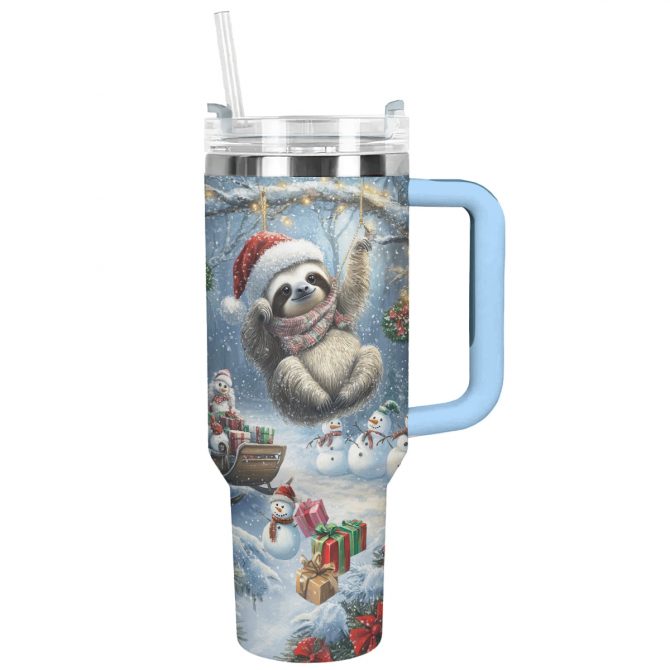 Christmas Sloth Custom Stanley Quencher 40oz Stainless Steel Tumbler With Handle