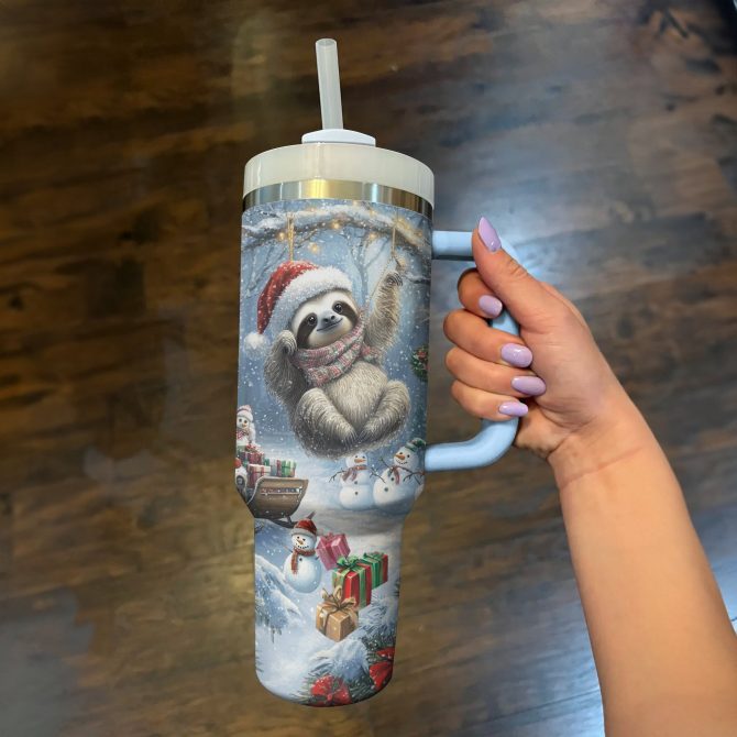 Christmas Sloth Custom Stanley Quencher 40oz Stainless Steel Tumbler With Handle - Image 3