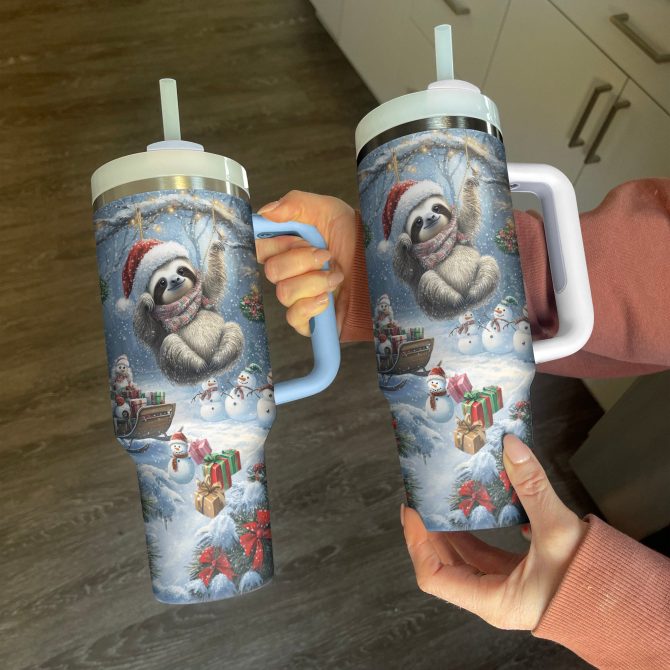 Christmas Sloth Custom Stanley Quencher 40oz Stainless Steel Tumbler With Handle - Image 2